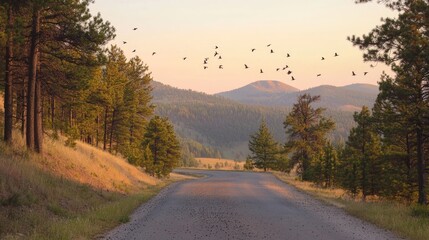 Fototapeta premium A gravel road through a forest with birds flying overhead