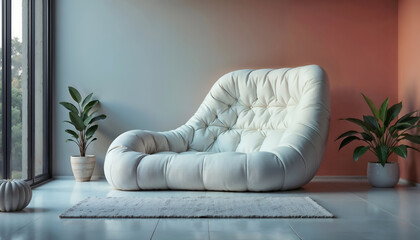 Elegant white tufted sofa in a modern minimalist interior with indoor plants and natural light. 