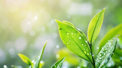 Obraz premium Delicate tea leaf amidst spring raindrops, embodying serenity and renewal.