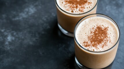 Obraz premium Overhead view of two glasses of frothy beer with cinnamon sprinkled, inviting with rich color and texture.