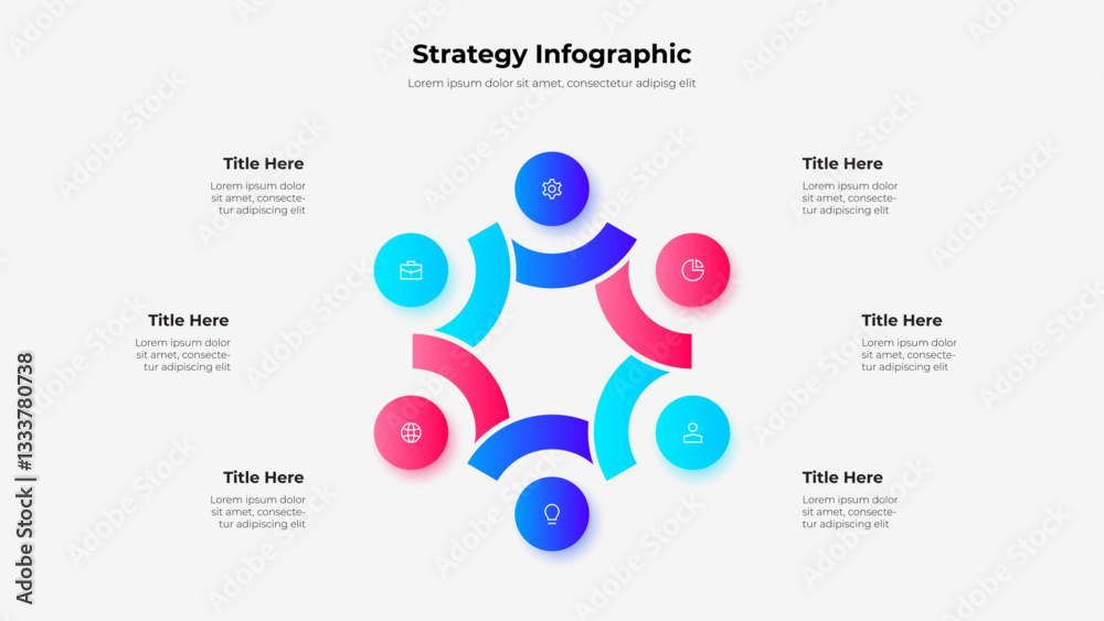 Poster circular infographic showcasing six abstract icons representing collaborative strategies, featuring 