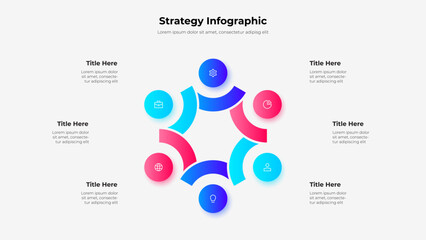 Circular infographic showcasing six abstract icons representing collaborative strategies, featuring vibrant gradients and a symmetrical design ideal for presentations, projects, and planning visuals