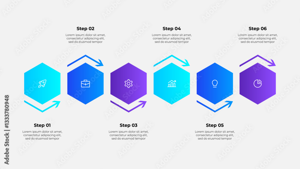 Poster modern hexagonal infographic depicting a six-step business process, featuring icons for innovation, 