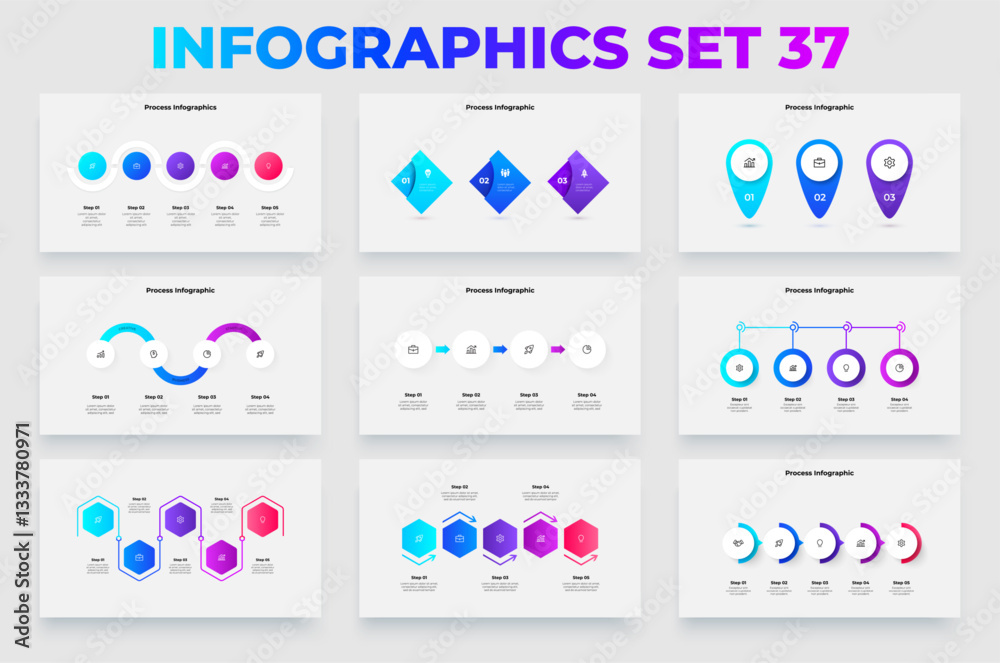 Poster A set of infographic designs highlighting distinct process workflows with colorful modern elements. Great for business presentation visuals and data representation needs