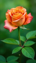 Fototapeta premium Delicate orange rose petals unfurl on a lush green stem, blooming, greenery