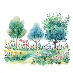 Cheerful Spring Garden Watercolor Design Blooming Flowers and Lush Greenery for Cards Prints and Websites