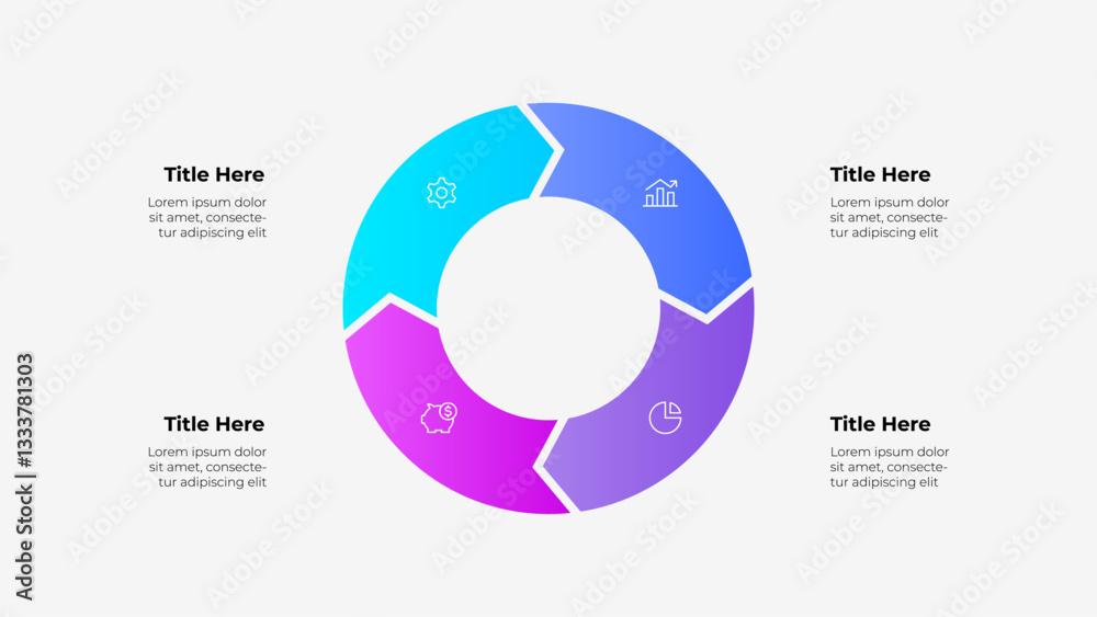 Poster A circular 4 steps arrows infographic with a color gradient featuring placeholders for text, icons, and titles, ideal for data presentation and business applications