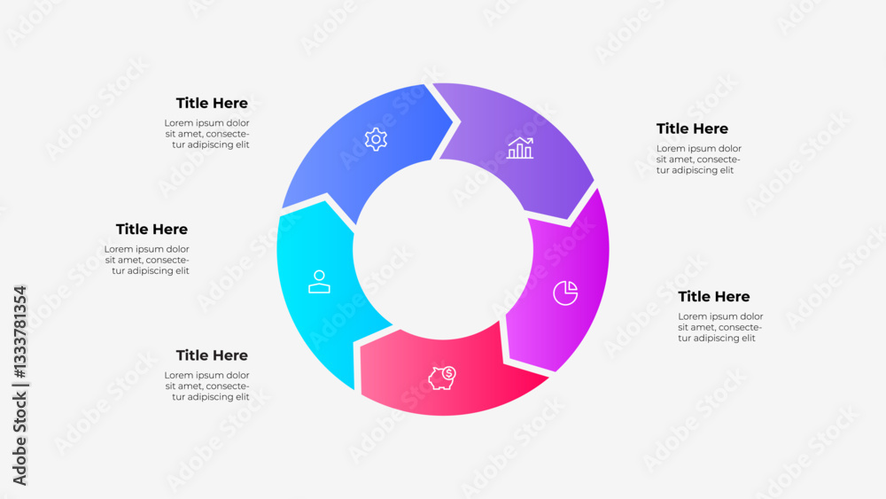 Leinwandbilder A circular 5 steps arrows infographic with a color gradient featuring placeholders for text, icons, and titles, ideal for data presentation and business applications