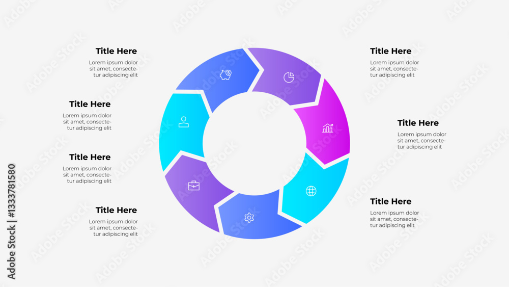 Poster A circular 7 steps arrows infographic with a color gradient featuring placeholders for text, icons, and titles, ideal for data presentation and business applications