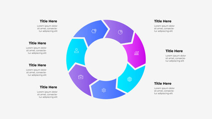 A circular 7 steps arrows infographic with a color gradient featuring placeholders for text, icons, and titles, ideal for data presentation and business applications