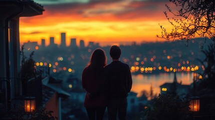 A romantic couple enjoys a stunning sunset view over the city skyline, reflecting love and tranquility. Copy space, commercial use
