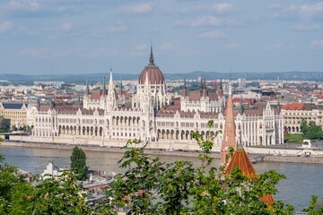 Fototapeta premium View of the Budapest Parliament building in Gothic style. Urban architecture. Cityscape. Budapest, Hungary
