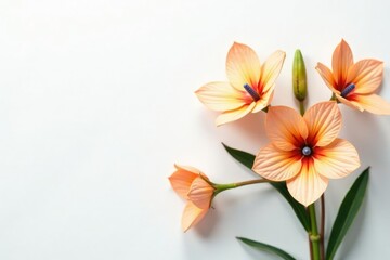 Obraz premium Delicate pale orange flowers with blue accents on a crisp white background, orange, nature