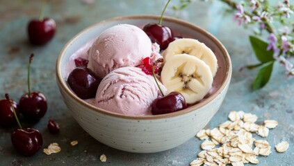Pink ice cream with cherries and banana in a bowl