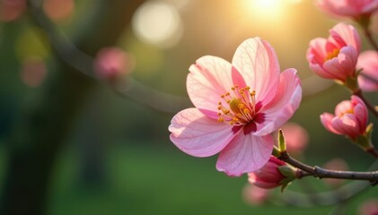 Obraz premium Delicate peach blossoms unfurl on a spring morning in the garden, nature scene, flower petals, colorful blooms