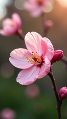 Obraz premium Delicate peach blossoms unfurl on a spring morning in the garden, soft focus, blooming flowers