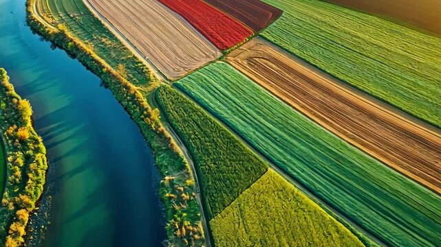 Colorful Fields: A breathtaking aerial view captures the vibrant patchwork of multicolored agricultural fields beside a winding river, creating a scene of natural beauty and agricultural abundance.