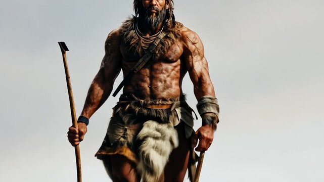 Warrior of the Wilderness: A strong, muscular warrior, clad in primitive furs and wielding a spear, stands ready for action, embodying the spirit of primal strength and survival.
