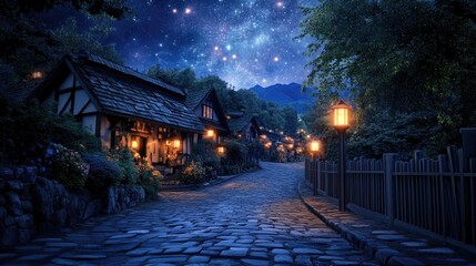 A quaint village street under a beautiful starry night sky