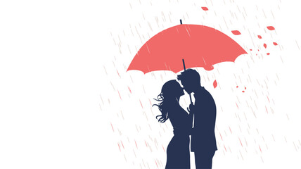 The image is a digital illustration depicting a silhouette of a man and woman embracing under a red umbrella in the rain. The background is white with light red petals falling from the sky. The