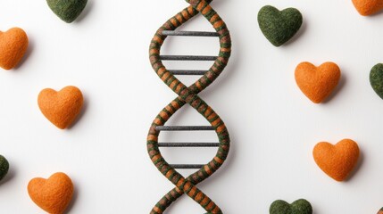 Food-crafted DNA helix with heart-shaped vegetables symbolizes health and genetics.