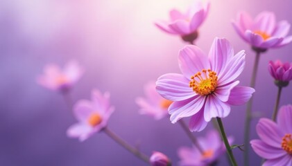 Obraz premium Delicate petal clusters float on lavender mist, gentle texture, abstract blooms, subtle shading