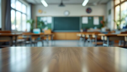 Classroom devoid of students, featuring wooden tables and chairs, emphasizing a space for education and knowledge