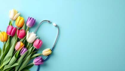 Colorful tulips alongside a stethoscope on a blue background, highlighting National Nurses Day and the nursing profession