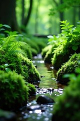 Fototapeta premium ferns and moss growing in a narrow forest stream, green, ferns, wild