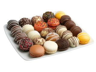 Obraz premium Isolated Selection of Chocolate Truffles and Macarons on a White Serving Plate
