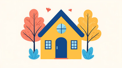 colorful house illustration surrounded by trees and hearts, perfect for home themes