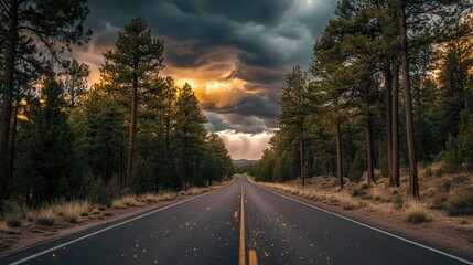 Obraz premium A straight paved road through a forest under a cloudy sky