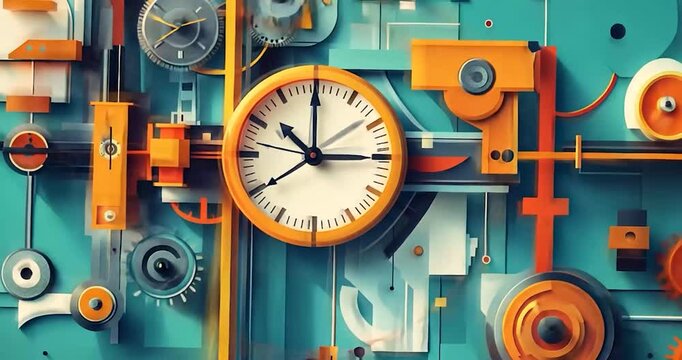 Abstract Clockwork Mechanism with Orange and Teal Geometric Design