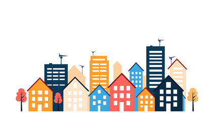 Colorful cityscape illustration featuring various buildings and houses