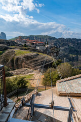 Meteora landscape with Holy Trinity monastery on top of giant natural pillars, Kalabaka, Greece