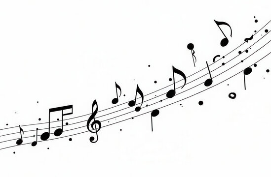 Flowing musical notes on a staff with treble clef and ink splashes