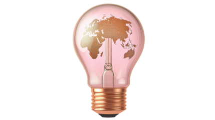 Conceptual image of a lightbulb with a world map inside, symbolizing global innovation and ideas.