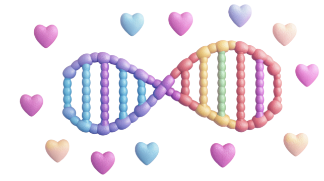 Colorful DNA strand with heart shapes, symbolizing genetics, love, and diversity.