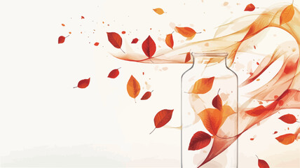The image is a stylized illustration depicting a transparent bottle subtly outlined against a white background.  The bottle is partially obscured by a dynamic swirl of abstract autumn leaves