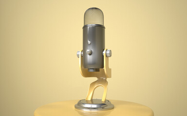 vintage-style modern studio microphone with sleek, silver, dark gray body, silver mesh, mounted on unique golden stand. mounted on a curved yellow stand with a metallic base. background is solid beige