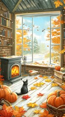 Obraz premium Cat by cozy fireplace looks out at autumn leaves falling in snowy winter landscape