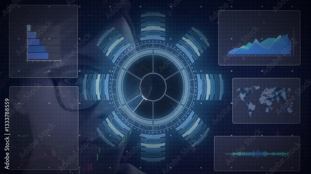 Poster animation of futuristic data interface with graphs and code in school setting