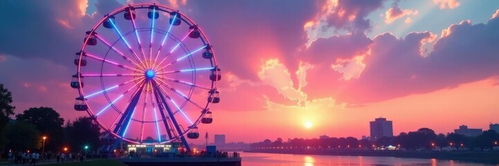 Ferris wheel lights up with pastel hues during a breathtaking sunset, peaceful, pastel
