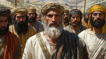Obraz premium Middle Eastern men in turbans, desert landscape background, group portrait