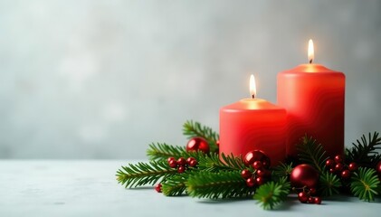 Festive candle arrangement with spruce branches, holiday, decorations
