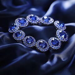 Obraz premium Sapphire and Diamond Artisan Necklace on Black Silk, exquisite craftsmanship highlighted by brilliant sapphires and diamonds, showcasing intricate detailing and deep blue elegance