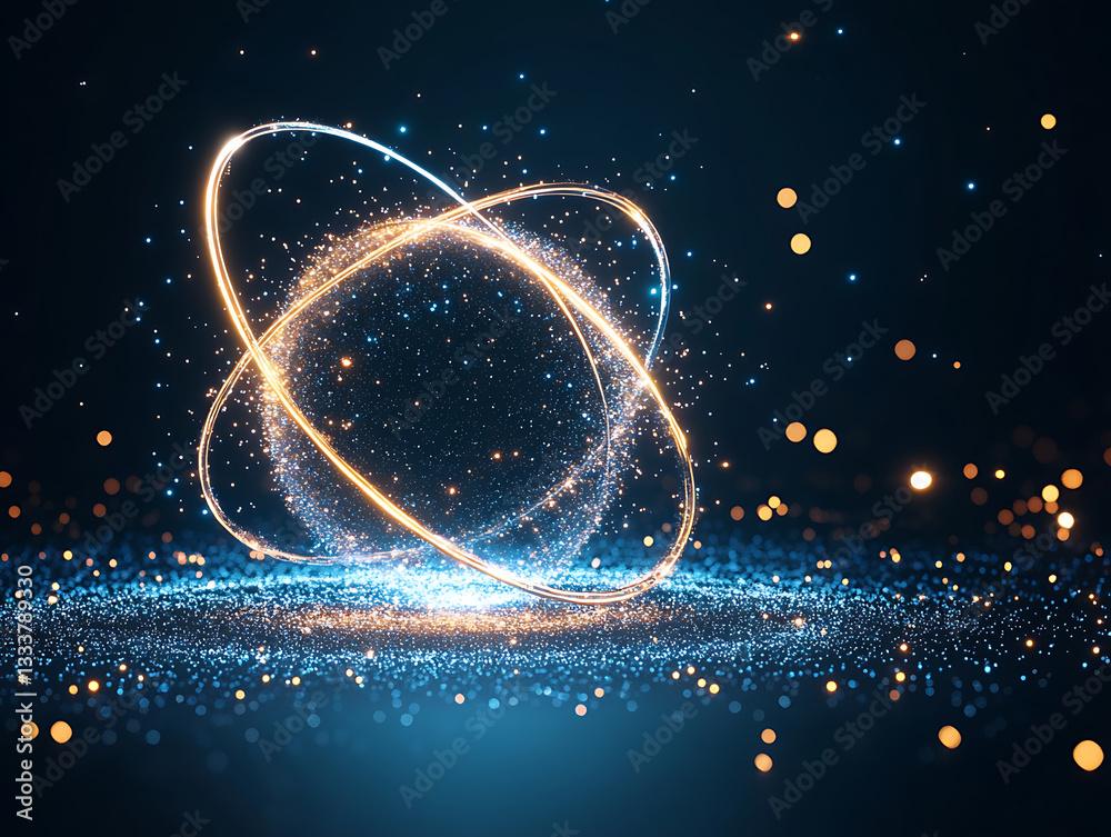 Poster a mesmerizing depiction of a glowing atom surrounded by sparkling particles, highlighting the beauty