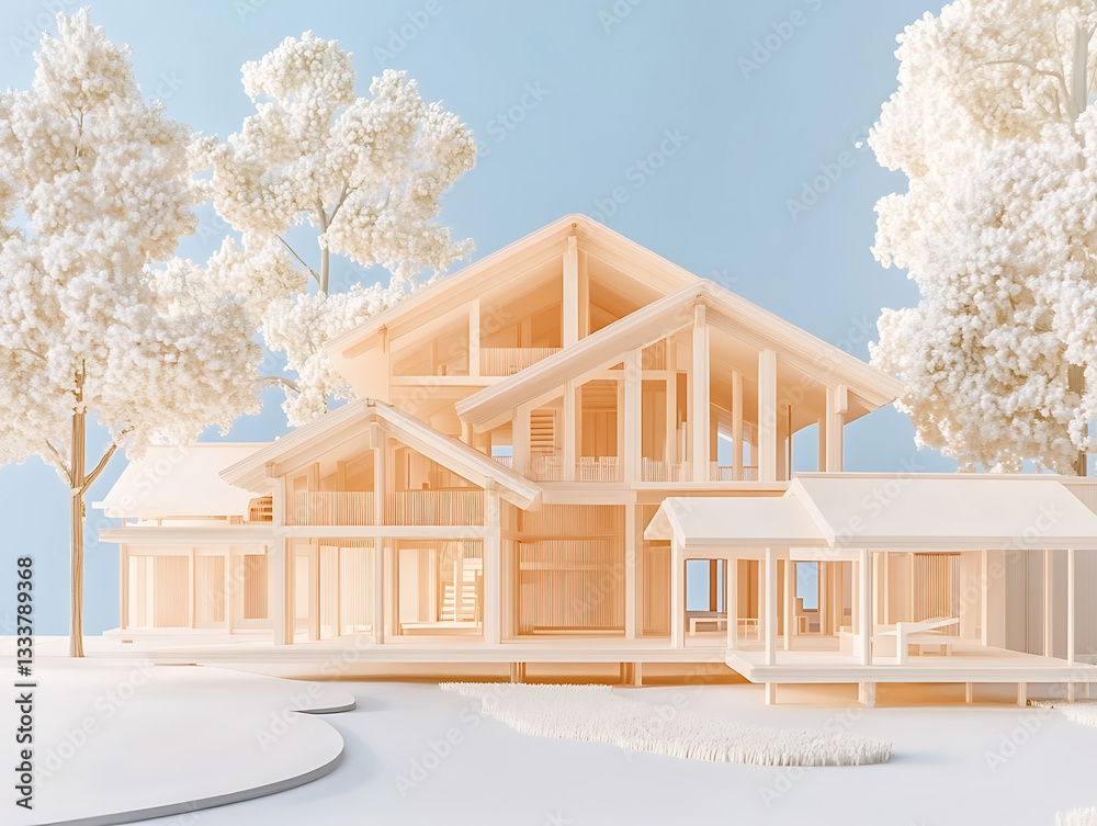 Poster a modern architectural model of a house surrounded by trees, showcasing a unique design with wooden 