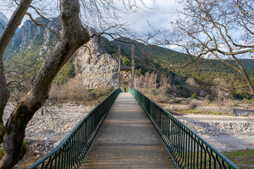 Hanging bridge of Pyli village over Portaikos river, near Trikala, Greece