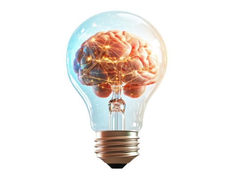 Isolated Lightbulb Encasing a Glowing Brain with Neural Network